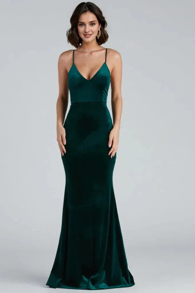 Robe de soirée sirène en velours à volants, longueur au sol, col en V, bretelles spaghetti